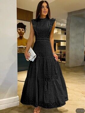 Elegant Eyelet Black Maxi Dress with Ruffle Shoulders